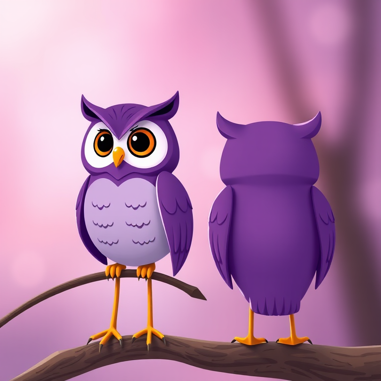 Create an image of a stylized cartoon owl in purple with front and back views, using a Canon EOS R5, 50mm lens, f/1.8 aperture, 1/125s shutter speed, and a soft focus background to enhance sharpness and color vibrancy.