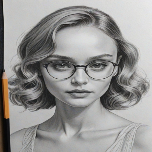 Graceful Lily-Rose Depp, pencil sketch, portrait of Stunning woman 1950s in glasses, hair style beatnik, outline, clear lines, fine lines, 8k
