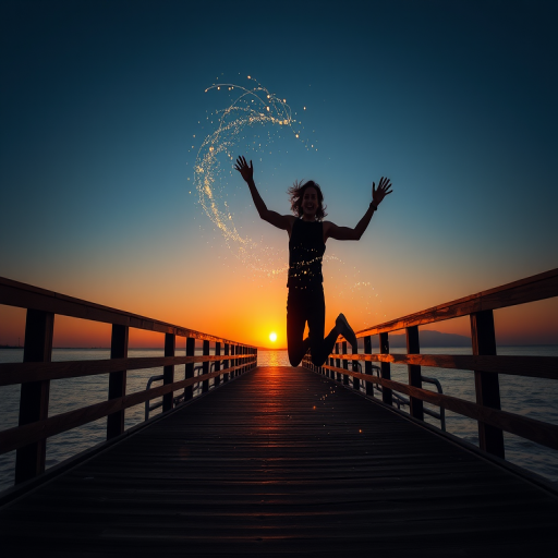 Create a silhouette of a person jumping joyfully on a wooden pier at sunrise, with a dreamy swirl of lights and sparkles around them, captured with a DSLR camera at f/2.8, ISO 100, shutter speed 1/1000s, wide-angle lens, 24mm view, soft focus background.