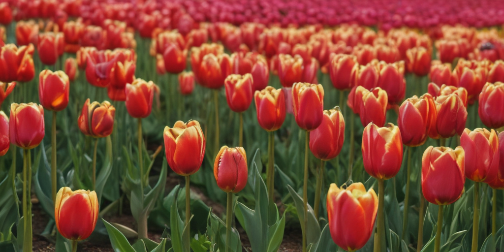 A Vibrant Field of Red and Yellow Tulips in Full Bloom.