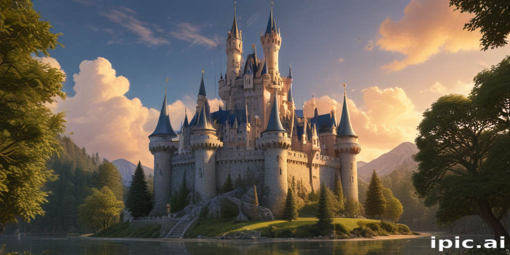 Majestic Fairy Tale Castle Surrounded by Lush Greenery and Serene Waters