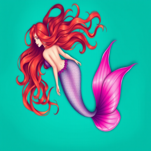 create an illustration of a mermaid with long, flowing red hair and a vibrant pink tail, set against a teal background, using a Canon EOS R5, 50mm lens, f/1.8 aperture, ISO 200, top-down view, vibrant colors and soft lighting for a dreamy effect