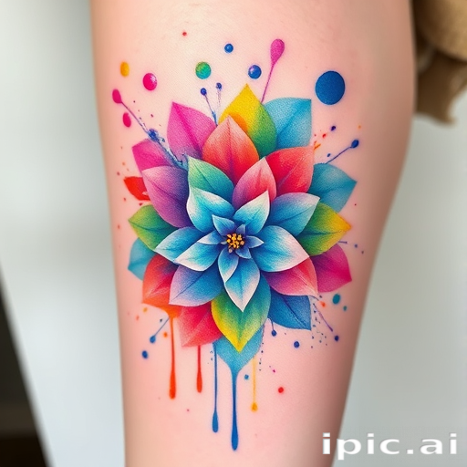 Vibrant watercolor tattoo named "Spectrum Splash" featuring a gradient rainbow of colors blending seamlessly across the skin, with delicate splatters and drips creating an abstract floral pattern, incorporating hidden geometric shapes within the design