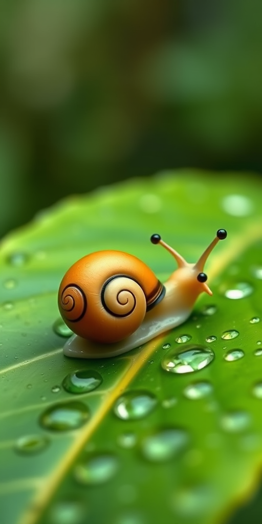 Create a high-resolution image of a cartoon snail on a green leaf with water droplets, using a DSLR camera with a 50mm lens, aperture set to f/2.8, ISO 100, and a shallow depth of field for a soft background effect.