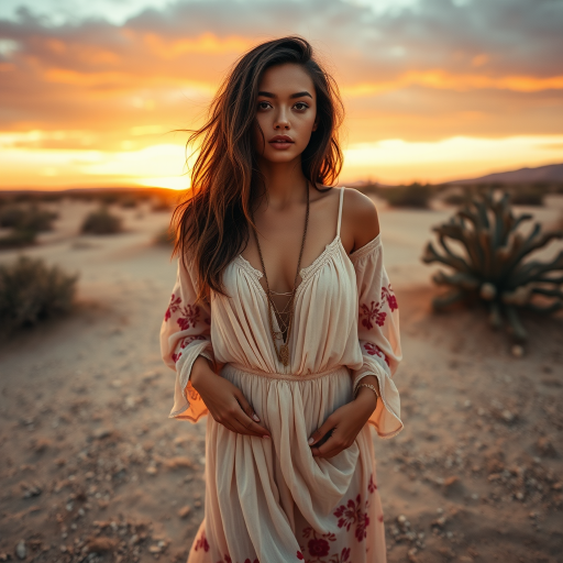Desert setting, bohemian model, flowy dresses, earthy tones, rustic sunset effect,  equipped with a 12mm lens to capture an overhead view of the model, emphasizing symmetry and spatial positioning