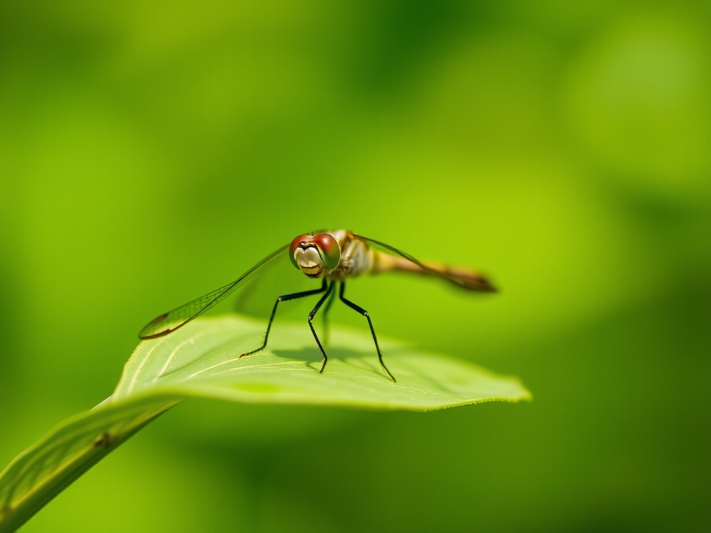 Capture a close-up image of a dragonfly resting on a leaf with a blurred green background, using a macro lens at f/2.8, shutter speed 1/500s, ISO 200, natural daylight, and a Canon DSLR camera.