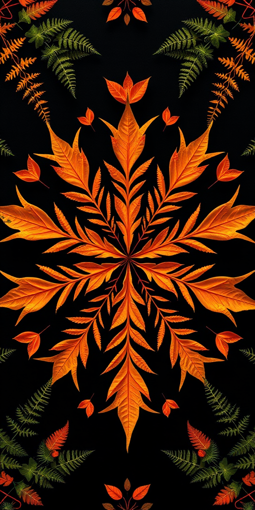 create an intricate pattern featuring orange leaves and ferns arranged symmetrically on a black background, shot with a DSLR camera at f/8 aperture, 50mm lens, ISO 100, in soft natural light to enhance color vibrancy and detail