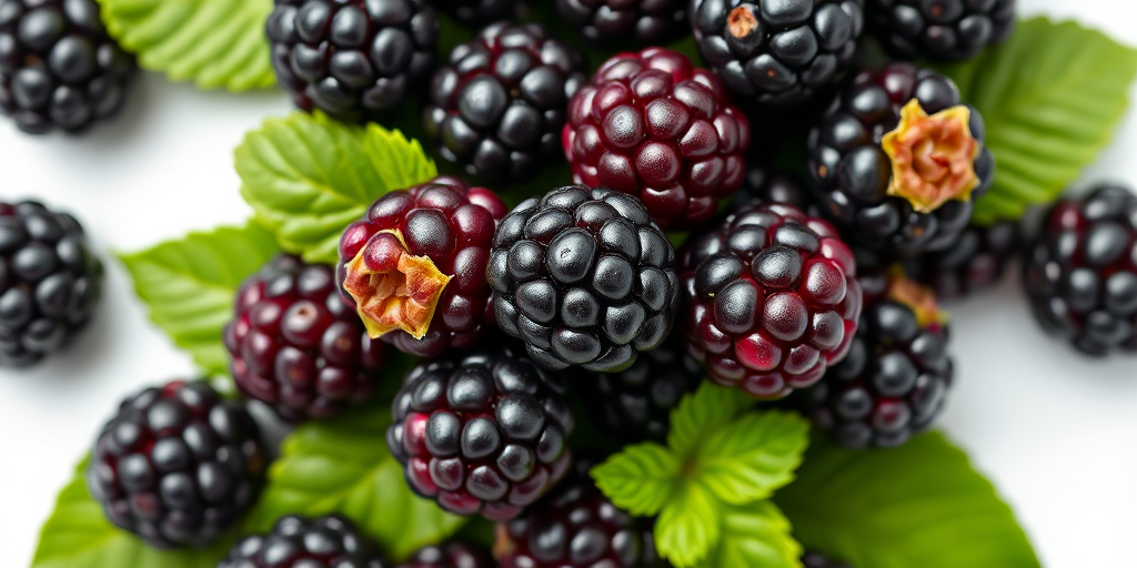 create a highly detailed vector image of a bunch of blackberries with vibrant green leaves in a clean white background, using a Canon EOS R5, f/2.8 aperture, ISO 100, 50mm lens, and a top-down view for sharp focus and rich colors