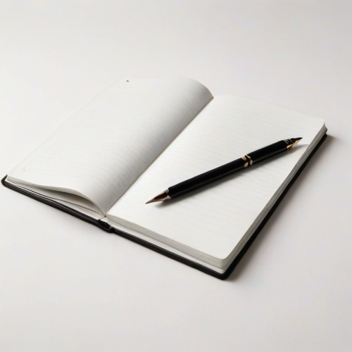 a blank open notebook with empty pages on a white background, accompanied by a pen and a pencil on the side