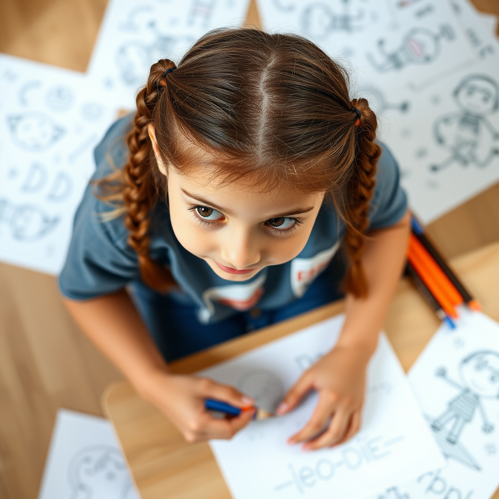 A top-down view of a child with brown hair in two braids, focused on drawing with papers scattered around showing various playful illustrations, soft daylight lighting, DSLR camera, f/2.8 aperture, ISO 200, 24mm lens, high resolution for clarity.