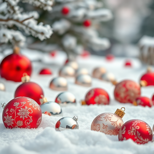 Generate an image of a winter scene featuring a snowy landscape with various Christmas ornaments. Include red and silver baubles, some with intricate patterns, scattered among a fluffy layer of snow. In the background, add frosted pine branches and a soft, blurred, wintry atmosphere with gentle bokeh effects.