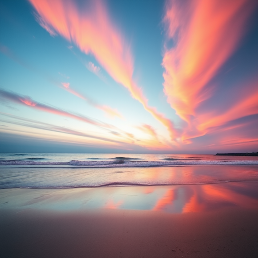 Generate an image of a calm beach at sunset, capture vibrant orange and pink hues in the sky reflecting on the water, use a Canon EOS 5D Mark IV, set aperture to f/8, ISO 200, shutter speed 1/60 sec, wide-angle view with a subtle vignette effect.