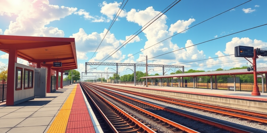 generate an image of a train station platform during the day with vibrant colors, a clear blue sky and fluffy clouds, focus on detailed shadows and lighting, wide-angle view, DSLR camera settings f/8, ISO 100, shutter speed 1/250, warm color tones, high resolution illustration style