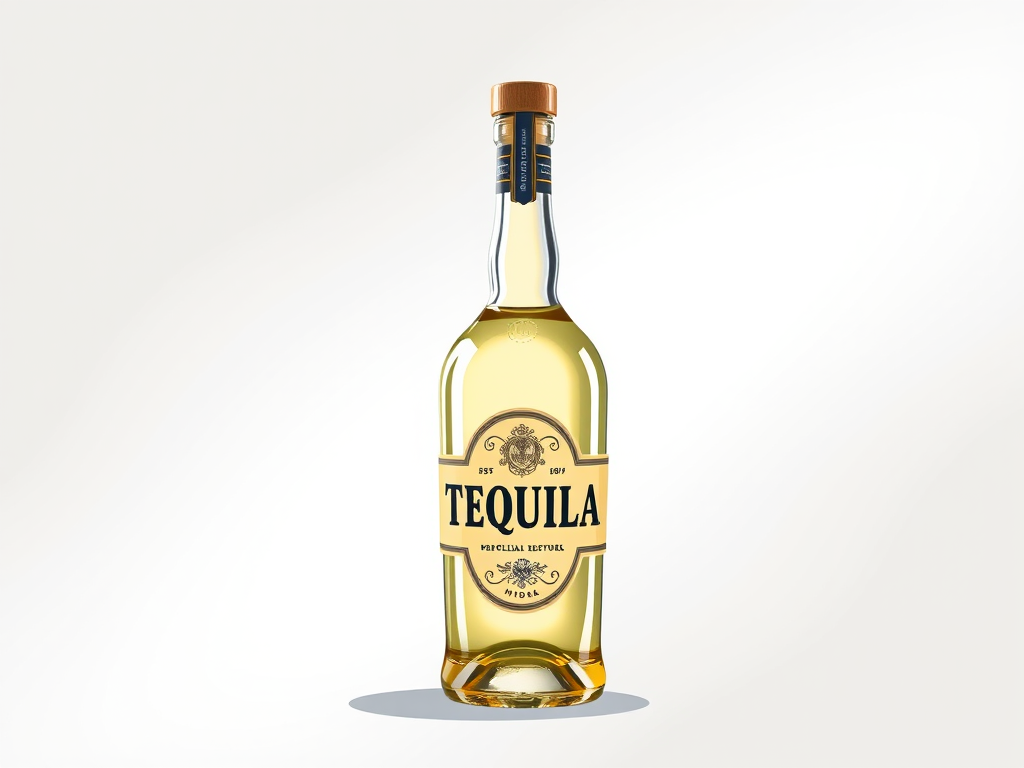 Generate an illustration of a tequila bottle with a transparent neck and a label reading "TEQUILA" in bold letters, using a DSLR camera with a 50mm lens, ISO 100, f/2.8 aperture, shot in a studio environment with diffused lighting for a high-quality result.