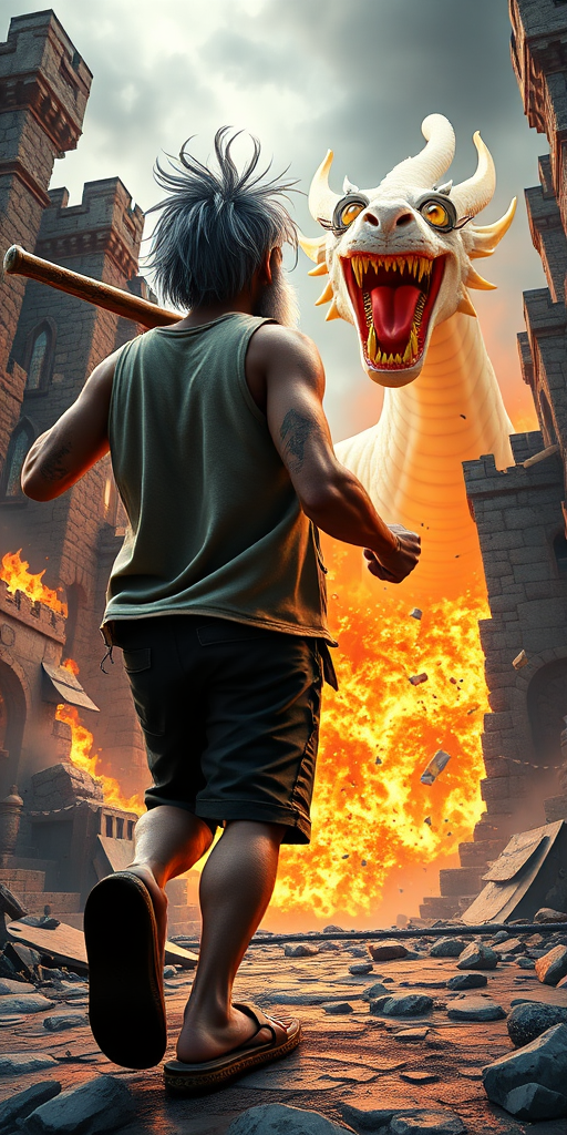 Cartoon 3D High-Resolution,dynamic battle scene using Unreal Engine 5 and Octane Render. The scene features back of an elderly, thai man with a beard,messy hair and round golden-rimmed glasses. He is wearing a tattered tank top with soot marks, shorts, and sandals. sweating. he wields a baseball bat. He jump to fight with a white fire-breathing Europe dragon amidst a partially destroyed stone castle. Include intense flames, smoke, and debris to enhance the dramatic effect.