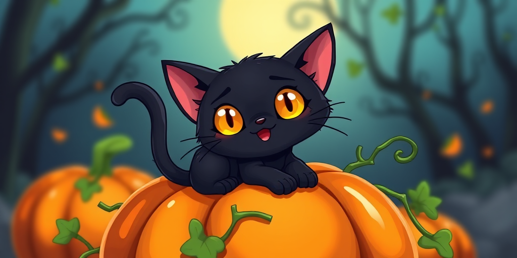 Create a vibrant illustration of a cartoon black cat with bright yellow eyes, sitting cheerfully on an orange pumpkin with green vines, using a wide-angle lens at f/2.8, ISO 100, 1/200s shutter speed, in high resolution with a bright and colorful style, capturing a playful and whimsical atmosphere.