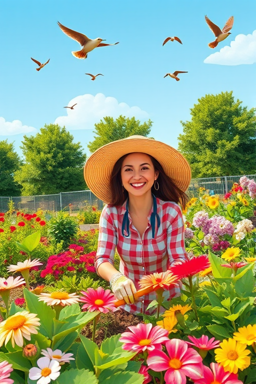 Create a vibrant illustration of a woman with a wide-brimmed hat happily gardening in a colorful vegetable patch with leafy plants and blooming flowers, featuring a clear blue sky, green trees, and birds flying overhead, captured with a Canon EOS R5 at f/5.6, 1/200s, ISO 200, shot from a low angle with a bright and cheerful style to enhance color saturation and detail.