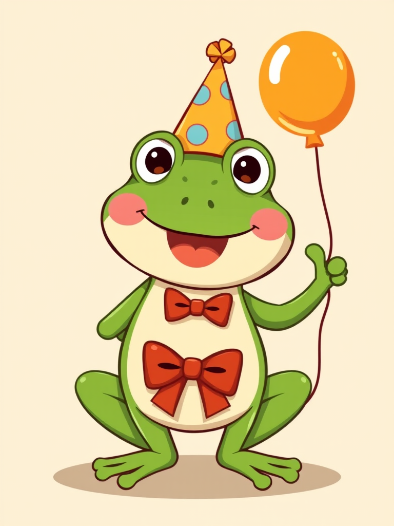Create a cartoon illustration of a cheerful green frog wearing a party hat and holding an orange balloon in one hand with a light beige background. The frog should have a friendly smile, rosy cheeks, and a red bow tie.