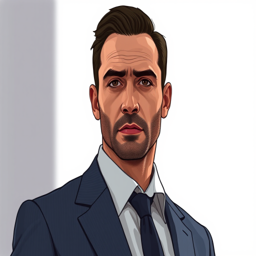 Create a high-resolution digital illustration of a man in a classic suit, capturing a serious expression, use a DSLR camera at f/2.8 aperture, ISO 100, 50mm lens, shallow depth of field, natural lighting, and a frontal view to enhance the details and quality of the image.