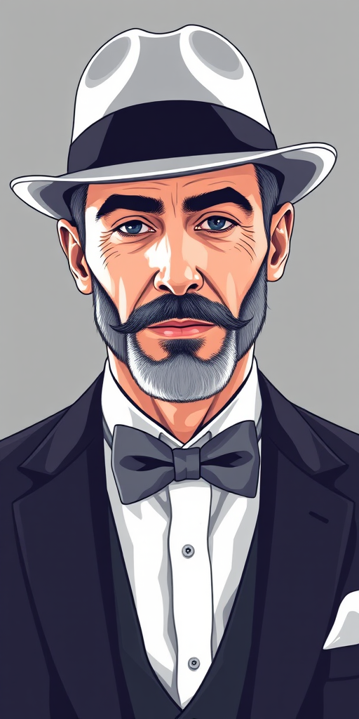 Create a high-resolution vector image of a gentleman in a suit with a bow tie and a hat, captured in a close-up view, using a digital illustration style with sharp outlines and smooth gradients, mimicking a Canon EOS 5D Mark IV with a 50mm lens at f/1.8 and ISO 100 for enhanced clarity and depth.