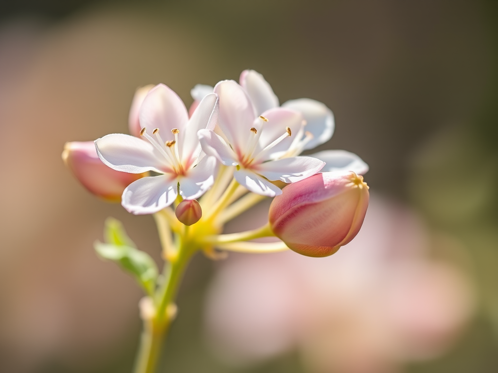 regenerate a detailed illustration of a flowering plant with delicate blossoms and a closed bud, 50mm lens, f/2.8 aperture, ISO 100, soft natural lighting, DSLR camera, macro view, high-resolution output