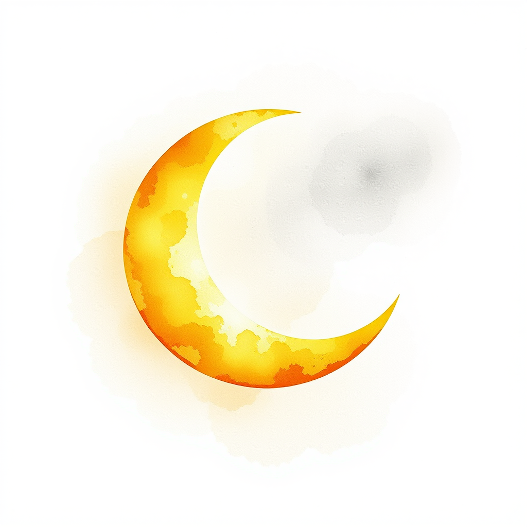 Create a detailed watercolor illustration of a golden crescent moon on a transparent background with soft brush strokes, using a Canon EOS 5D Mark IV camera, aperture f/4, ISO 100, and a 50mm lens, ensuring high resolution and vibrant color saturation.