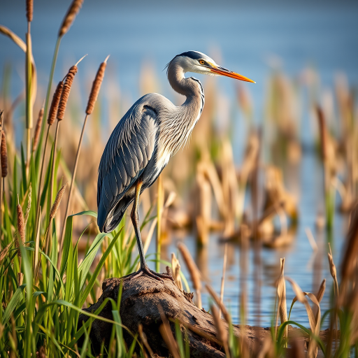 Capture a high-resolution image of a heron standing on a log surrounded by tall grass and reeds in natural light, using a DSLR camera with a 200mm lens, aperture set to f/4, ISO 100, and a shutter speed of 1/500s for sharp details and vibrant colors.