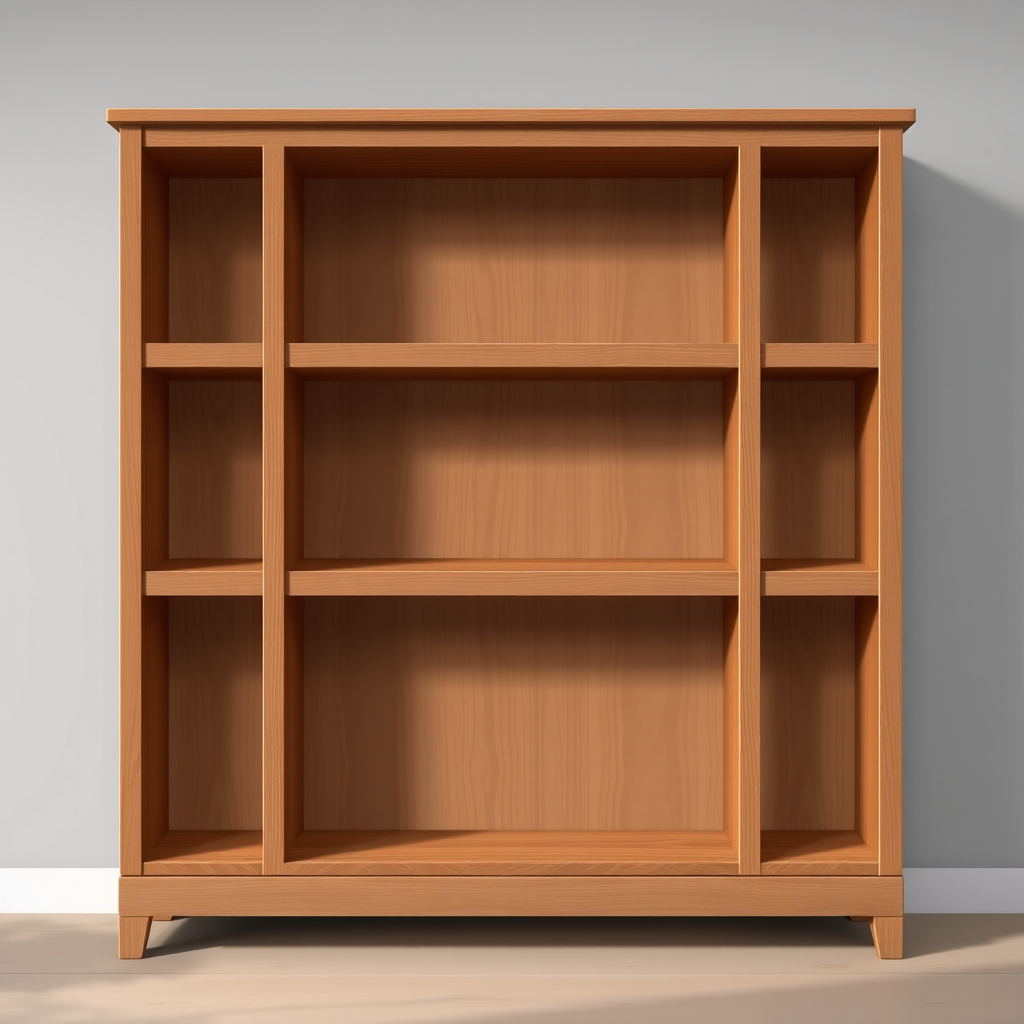 Create a high-resolution vector illustration of a wooden bookshelf with four shelves, soft diffused lighting, 50mm lens, f/4 aperture, ISO 100, shot from a 30-degree angle for depth, using a digital camera.