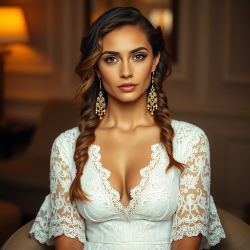 Create a portrait of a refined and elegant Coptic woman seated in a sophisticated setting. She has long, wavy hair styled in two thick braids that are pulled over her shoulders. She wears a white, lace gown with intricate patterns, featuring a deep V-neckline and short sleeves. The dress exudes a vintage charm with its delicate lacework. She is adorned with ornate, dangling earrings that add a touch of glamour to her appearance. The background is softly lit, with warm, ambient lighting that creates a cozy and inviting atmosphere. Her expression is poised and serene, capturing a sense of grace and elegance.