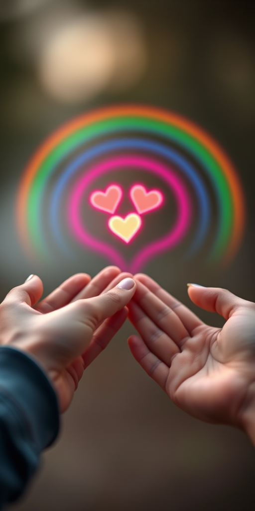 Create an image of two hands reaching towards each other with a colorful rainbow arc of glowing hearts in between, captured using a Canon EOS R5 at f/2.8, ISO 100, 1/125s, in a close-up shot with a soft focus background to enhance the details of the hearts and hands.