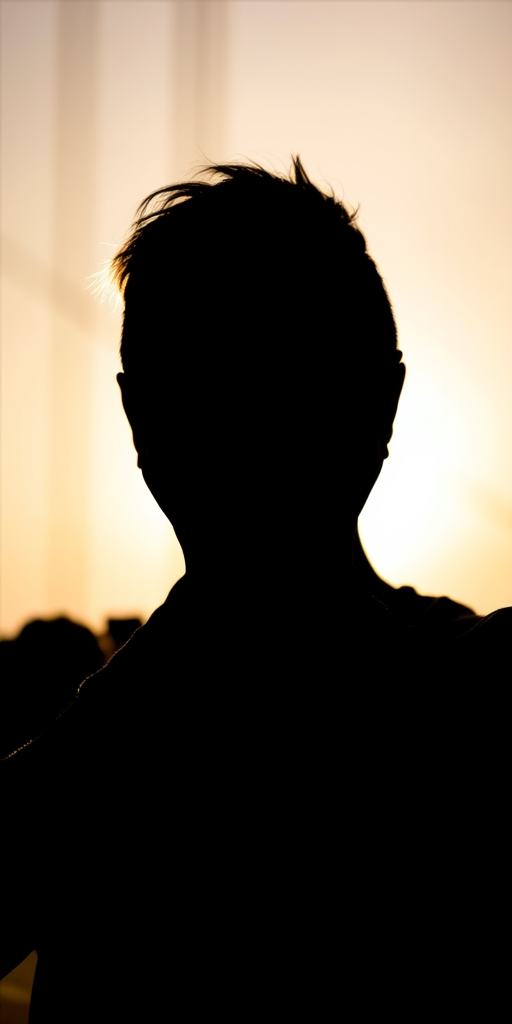 Create a high-contrast silhouette of a person holding their head in their hands with soft lighting, using a DSLR camera, aperture f/2.8, shutter speed 1/250s, ISO 100, 50mm lens, with a shallow depth of field for a dramatic effect.