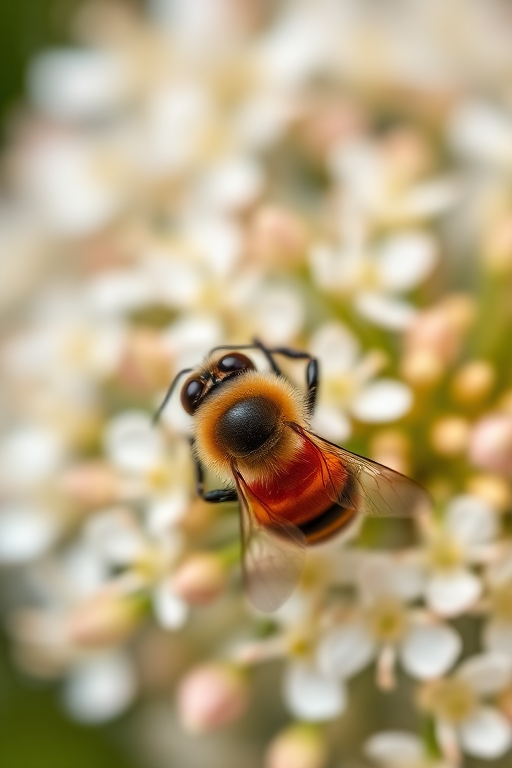 Close-up of a red and black bee hovering over a cluster of delicate white flowers, shallow depth of field, soft natural lighting, ISO 200, f/2.8, 1/500s, macro lens, DSLR camera, vibrant colors.