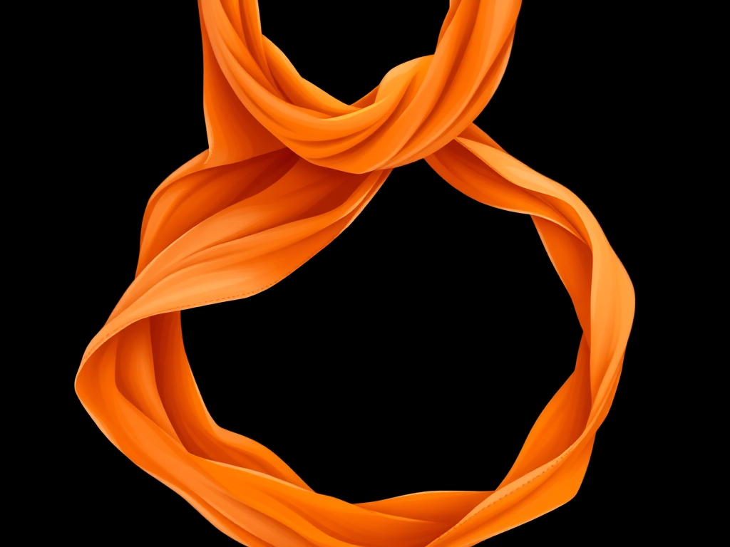 Create a high-resolution illustration of a flowing orange scarf on a black background, using a digital painting style with soft lighting effects, shot in a wide-angle view with a focus on the intricate texture and folds of the fabric.