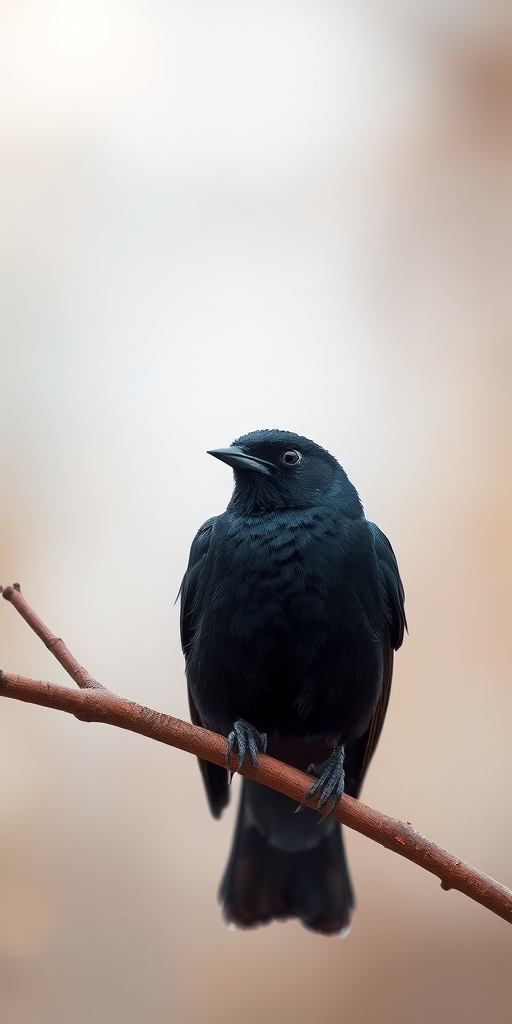 Create a high-resolution digital illustration of a black bird perched on a branch, using a 50mm lens, f/2.8 aperture, ISO 100, with a shallow depth of field for a blurred background and a studio-style lighting setup to enhance details and texture.
