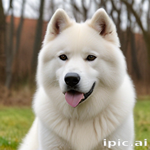 Simonian Dog A Charming White Samoyed Dog Smiling Happily in a Natural Setting.