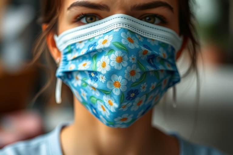 Create a high-resolution image of a blue floral face mask with a shallow depth of field, shot from a slightly low angle using a Canon EOS R5 with a 50mm f/1.8 lens at ISO 100, aperture f/2.8, and shutter speed 1/200s.
