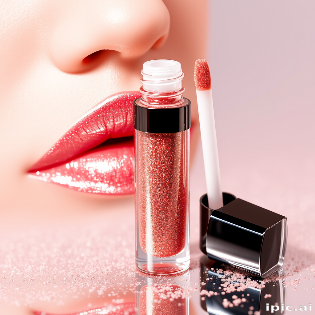Metallic rose gold lip gloss "Gilded Petal" with holographic sparkle and plumping effect, suitable for festive occasions and glamorous nights out, infused with vitamin E