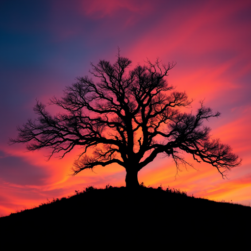 Create a high-resolution image of a silhouetted tree on a hill at sunset, using a Canon EOS 5D Mark IV, with a 50mm f/1.8 lens, aperture set to f/2.8, ISO 100, and a shutter speed of 1/200s, captured from a low angle to emphasize the height of the tree against the vibrant sky.
