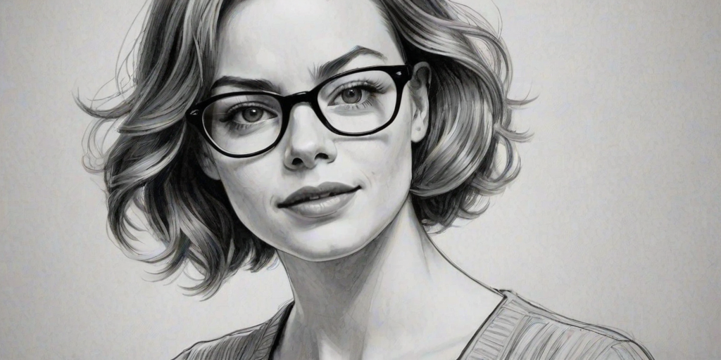 Comely Emma Stone, pencil sketch, portrait of Delightful woman 1946s in glasses, hair style beatnik, outline, clear lines, fine lines, 8k