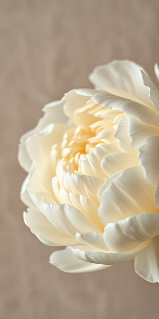 A close-up view of a realistic white peony flower with intricate details, soft lighting, and a textured beige background, captured with a DSLR camera at f/2.8 aperture, ISO 100, 50mm lens, shallow depth of field.