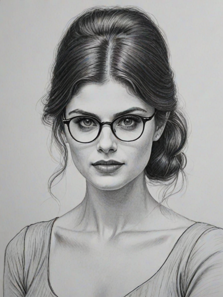 Bewitching Alexandra Daddario, pencil sketch, portrait of Fascinating woman 1957s in glasses, hair style beatnik, outline, clear lines, fine lines, 8k