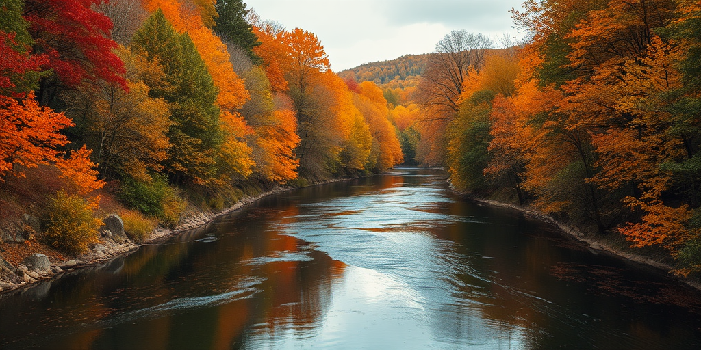 Create a vibrant autumn landscape featuring a serene river surrounded by colorful trees, with reflections on the water, captured with a Canon EOS R5 at f/8, 1/125 sec, ISO 100, using a wide-angle lens, in a soft focus style for enhanced depth and clarity.