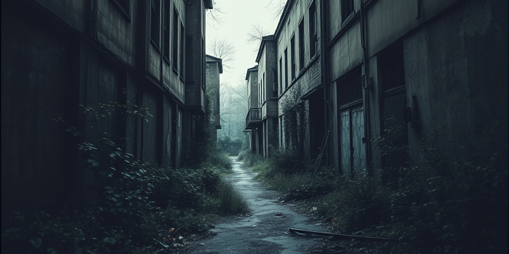 desolate abandoned alleyway with overgrown vegetation and crumbling buildings, dramatic moody lighting, depth of field effect, shot with a DSLR camera, f/2.8 aperture, ISO 100, 24mm lens, high dynamic range imaging