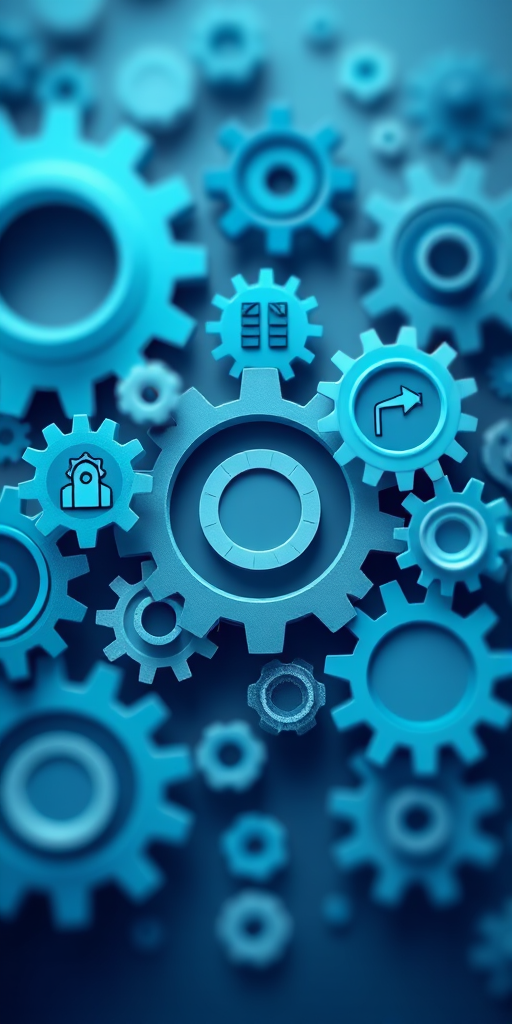 Create an illustration featuring a variety of blue and teal gears with business-related icons, ensuring a clean, modern design; use a Canon EOS R5 camera, f/4 aperture, 1/125s shutter speed, ISO 100, with a soft focus background for depth.