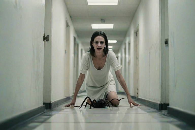 a crooked female with long arms and a creepy smile is crawling along a long white corridor and you can also see cockroaches in it there is a creepy atmosphere creepy art style