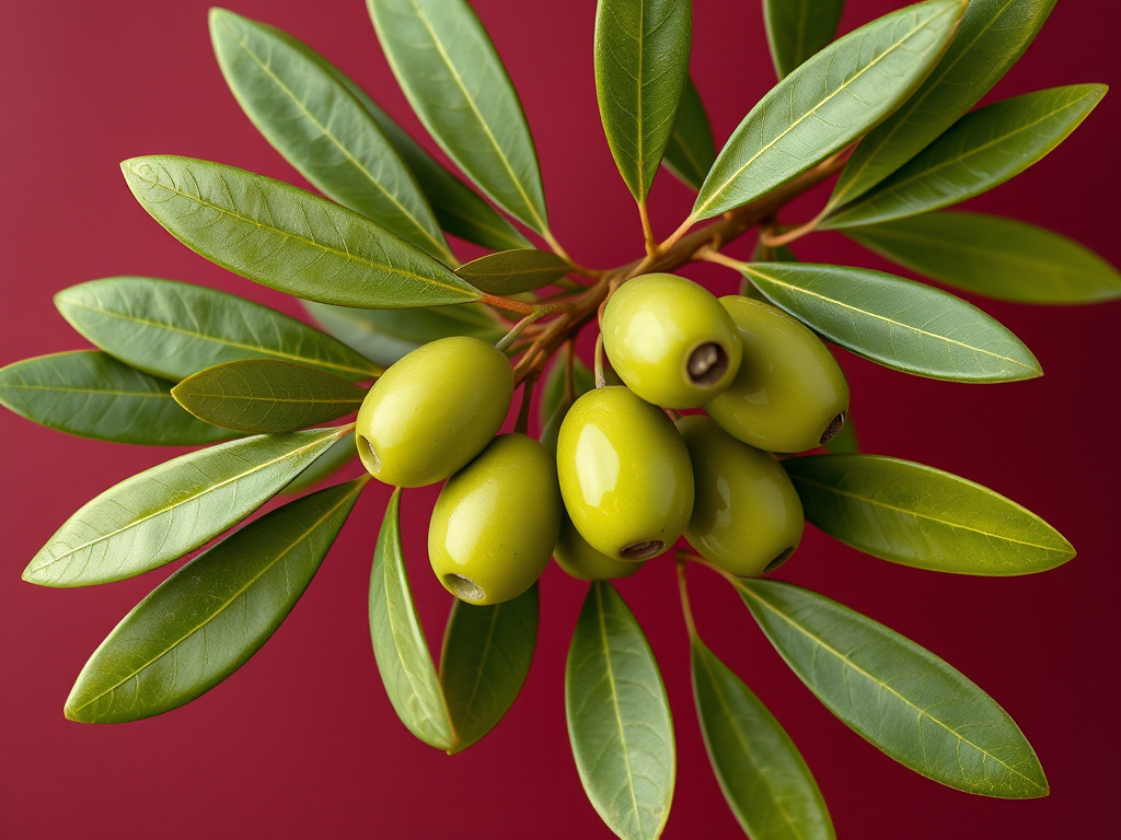 generate a high-resolution digital illustration of a branch of green olives with rich green leaves on a maroon background, using a Canon EOS R5 with a 50mm f/1.2 lens, aperture set to f/4, ISO 100, shot from a slightly elevated angle for depth and focus.