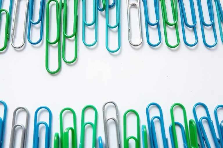 create an image of multiple rows of colorful paper clips in various shades of green, blue, and silver on a white background, using a high-resolution DSLR camera, f/8 aperture, 50mm lens, 1/125 shutter speed, and natural lighting to enhance details and contrast.
