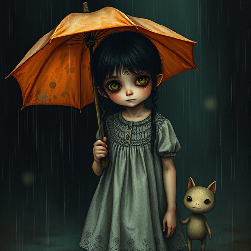An eerie, weird little girl with dark hair in thin pigtails, wearing a smock dress, standing in the rain, holding a dirty orange umbrella, a small, odd creature beside her. In a surreal style inspired by Nicoletta Ceccoli and Brian Froud. Dark fantasy themes