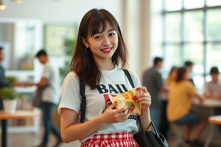 Regenerate the image of a young woman wearing a graphic t-shirt and a checkered skirt, holding a snack in a bright indoor setting with soft lighting, using a Canon EOS R5, aperture f/2.8, shutter speed 1/200s, ISO 400, 50mm lens, slightly elevated angle for a clear view.