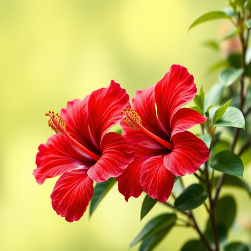 Create a high-quality digital illustration of vibrant red hibiscus flowers with green leaves against a soft green background, using a DSLR camera type, f/4 aperture, 50mm lens, and a shallow depth of field to enhance the richness of colors and details in the petals.